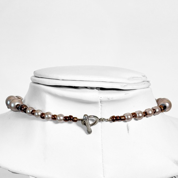 Artisan Beaded Necklace Lampwork Glass Faux Pearl Mauve Bronze Olive 19 Inch - Picture 6 of 7